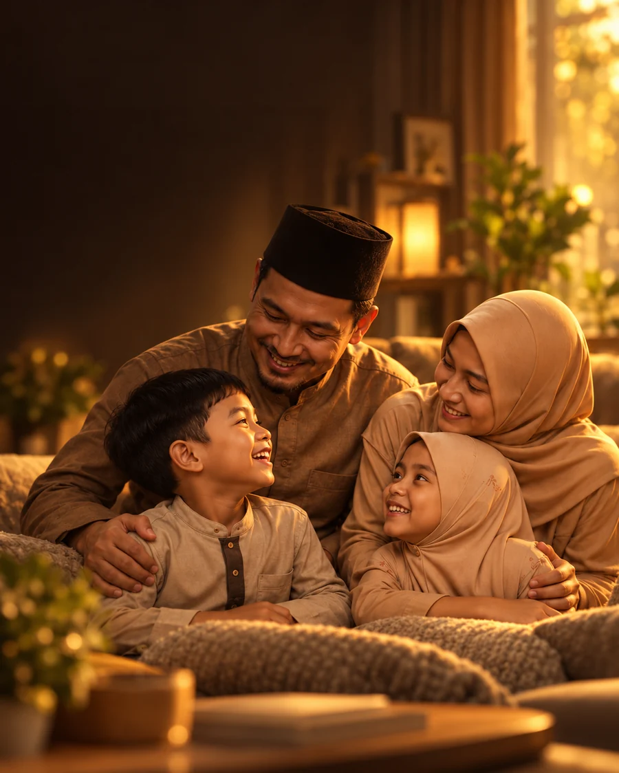 Keluarga Muslim berbincang hangat bersama anak-anak di ruang keluarga